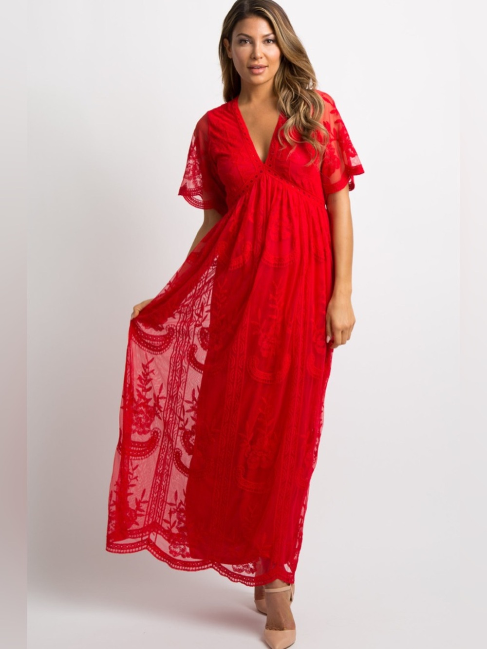 Romantic Red Lace Overlay Maxi Dress Fairycore Maternity Empire Waist Feminine